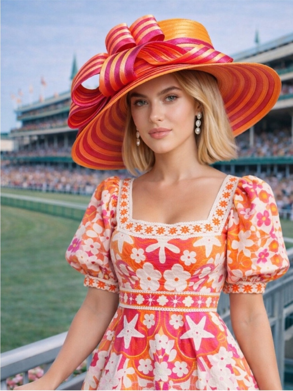 Kentucky Derby Oaks Orange & Pink Statement Hat Bold Stripe Spring new